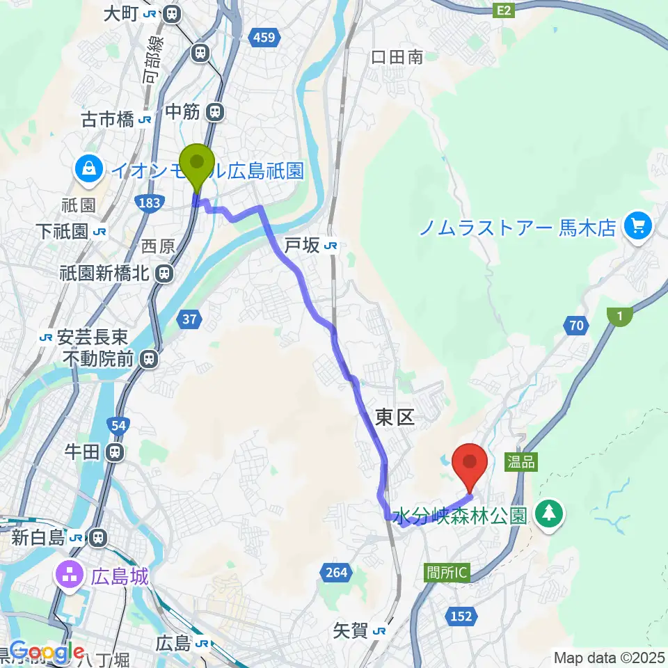 西原駅からきたのぴあの學院へのルートマップ地図