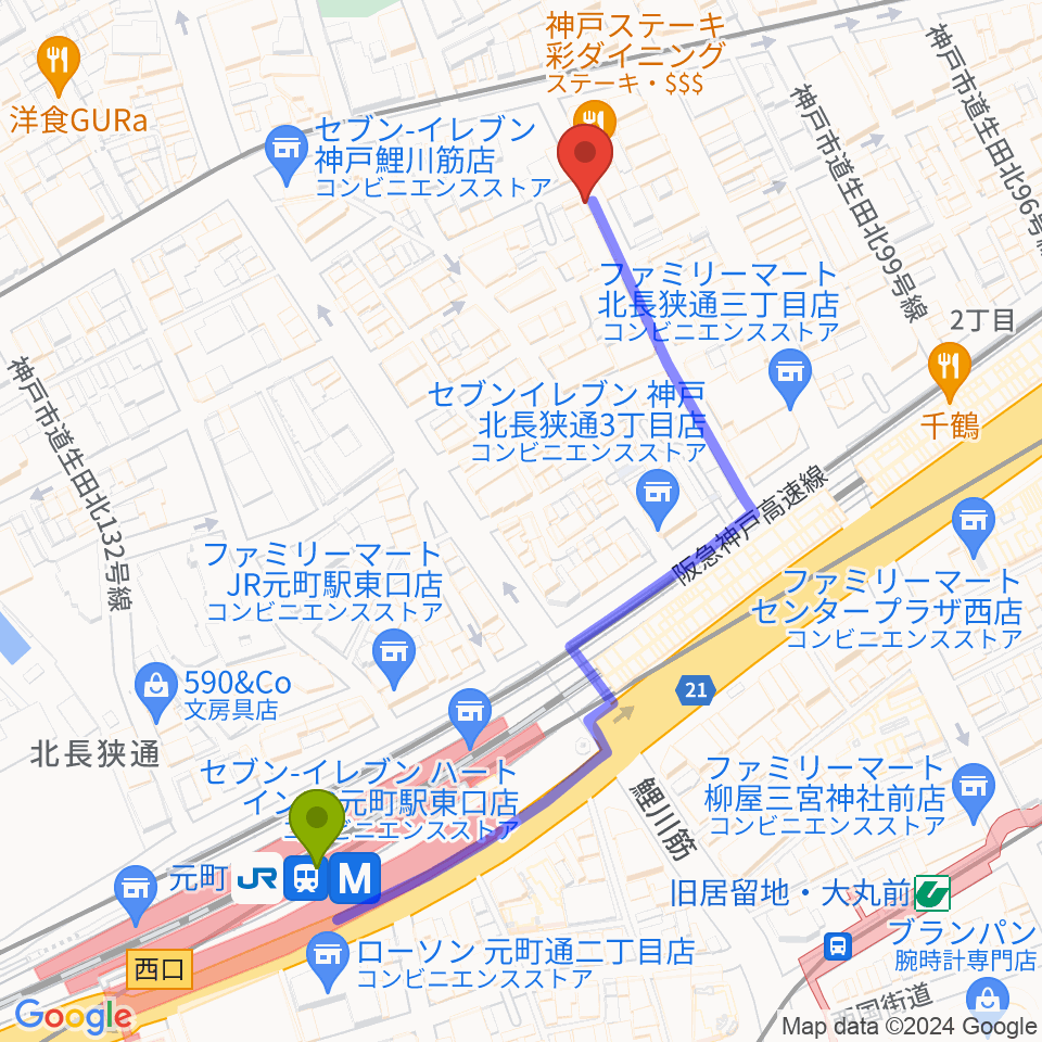 ロッコーマンの最寄駅元町駅からの徒歩ルート（約5分）地図