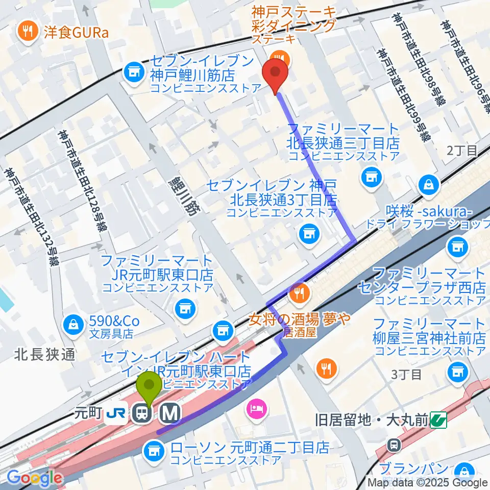ロッコーマンの最寄駅元町駅からの徒歩ルート（約5分）地図