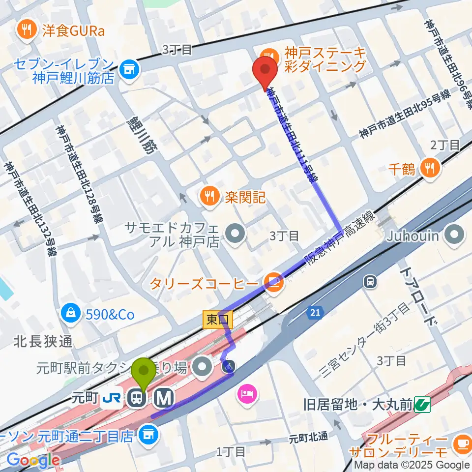 ロッコーマンの最寄駅元町駅からの徒歩ルート（約5分）地図