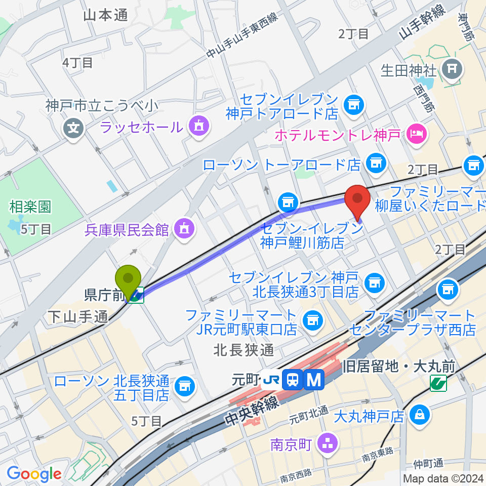 県庁前駅からロッコーマンへのルートマップ地図