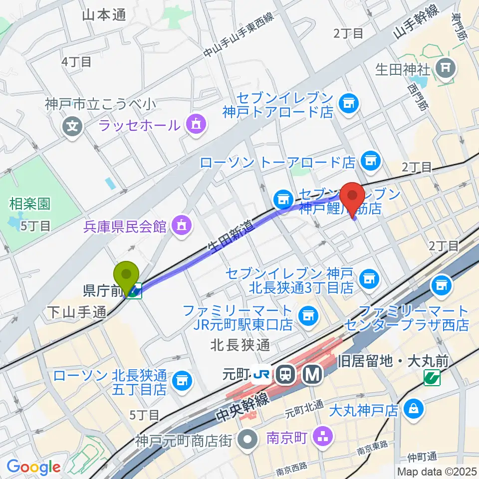 県庁前駅からロッコーマンへのルートマップ地図