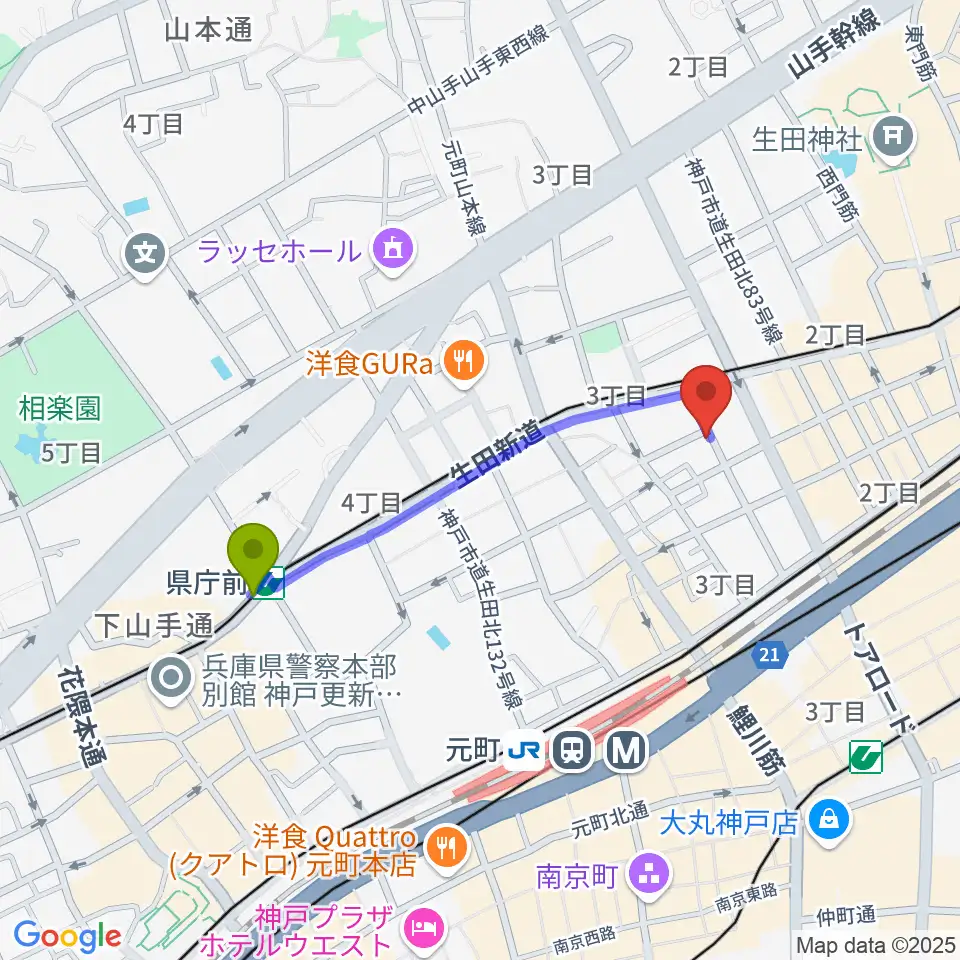 県庁前駅からロッコーマンへのルートマップ地図