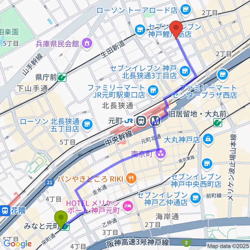 みなと元町駅からロッコーマンへのルートマップ地図
