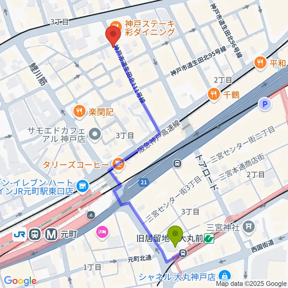 旧居留地・大丸前駅からロッコーマンへのルートマップ地図