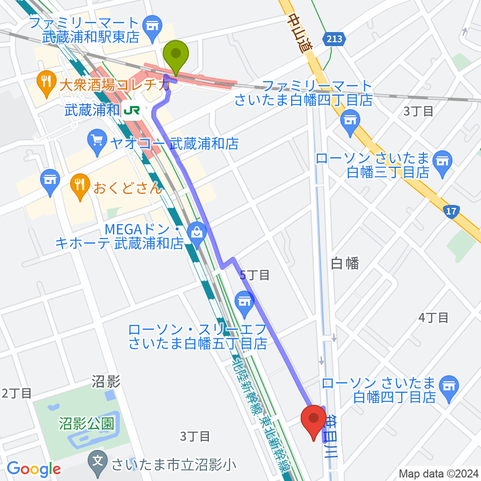 カナリア音楽教室の最寄駅武蔵浦和駅からの徒歩ルート（約13分）地図