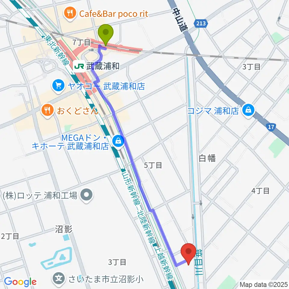 カナリア音楽教室の最寄駅武蔵浦和駅からの徒歩ルート（約13分）地図