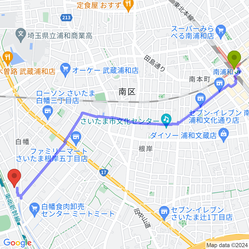 南浦和駅からカナリア音楽教室へのルートマップ地図