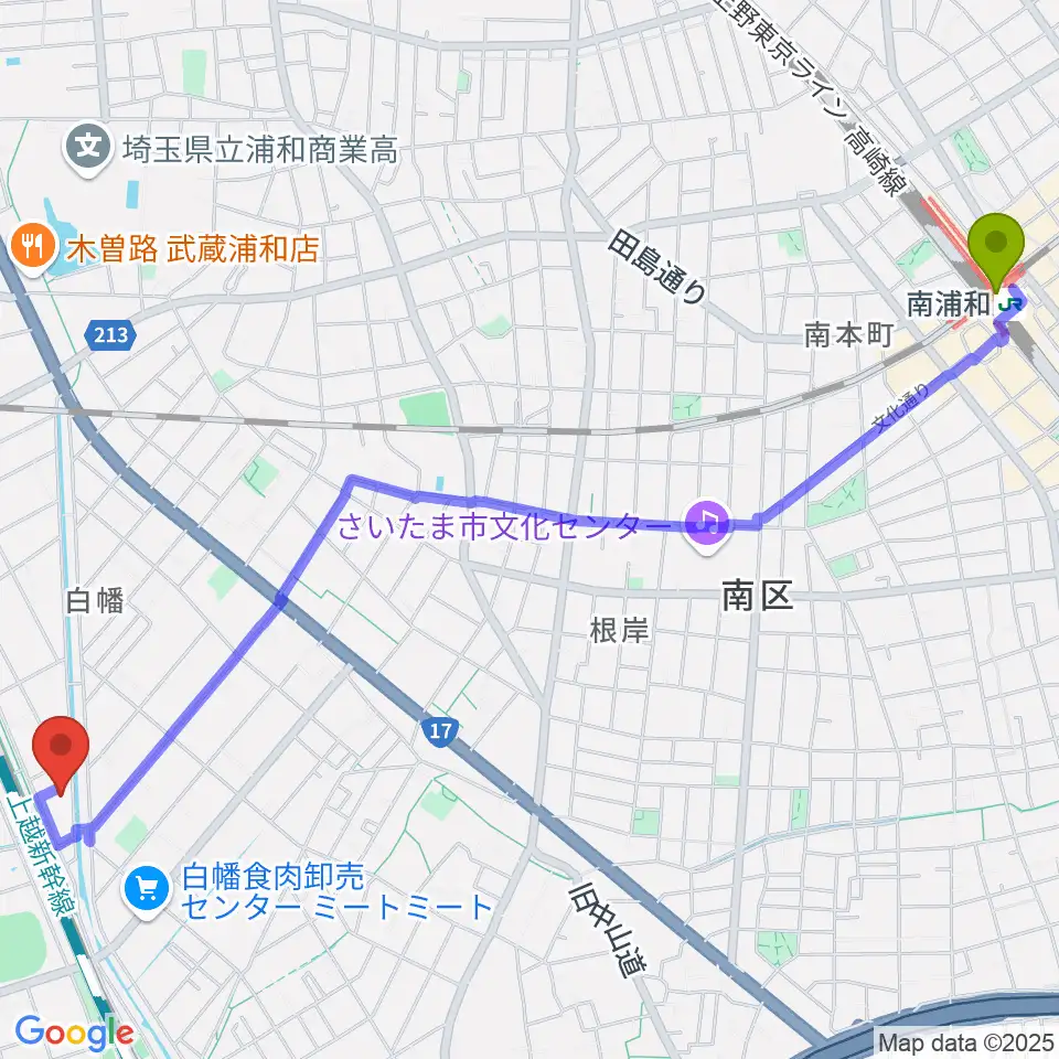 南浦和駅からカナリア音楽教室へのルートマップ地図