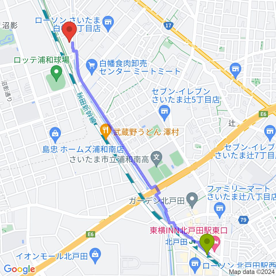 北戸田駅からカナリア音楽教室へのルートマップ地図