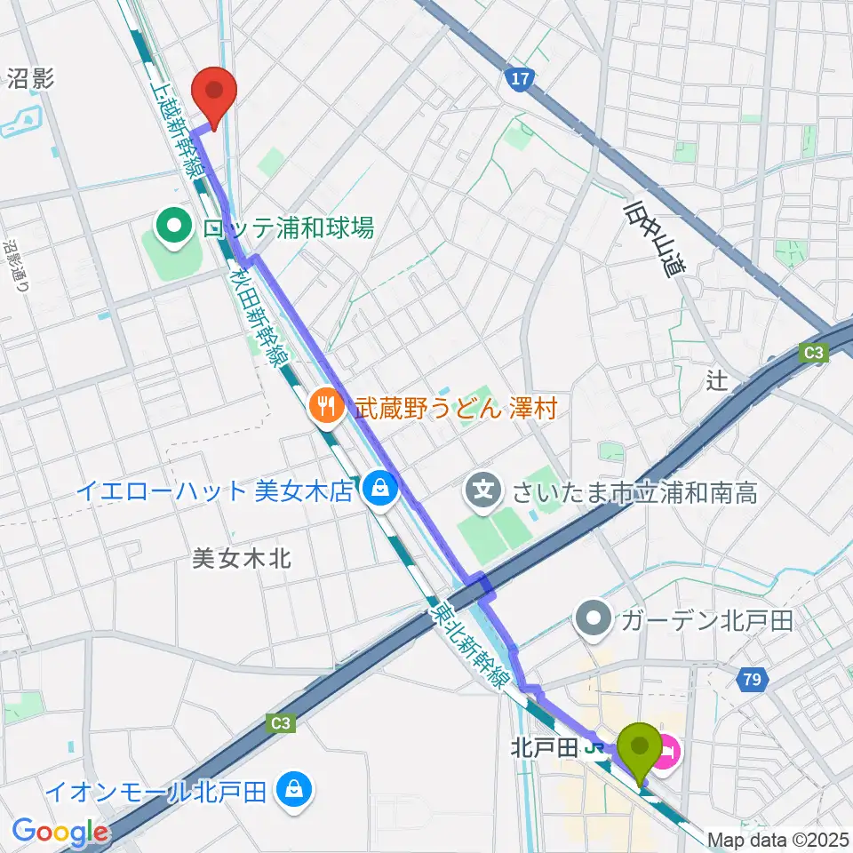 北戸田駅からカナリア音楽教室へのルートマップ地図