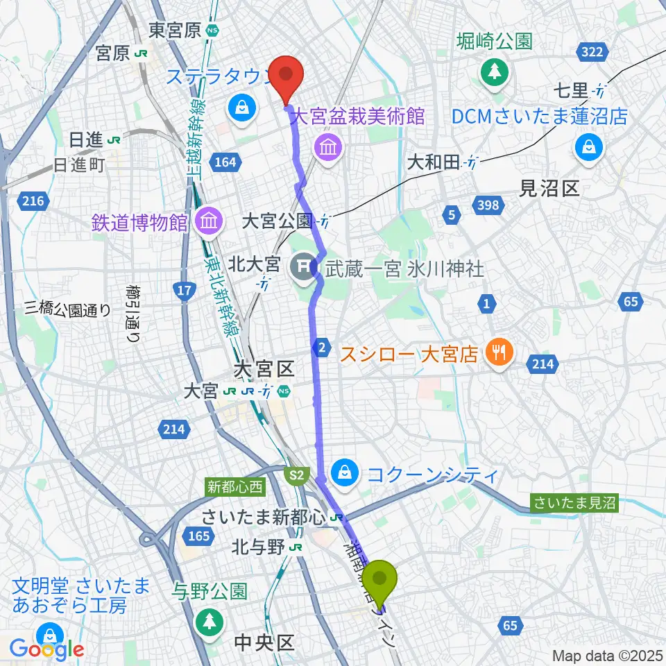 与野駅からイプシロン・ピアノクラブへのルートマップ地図