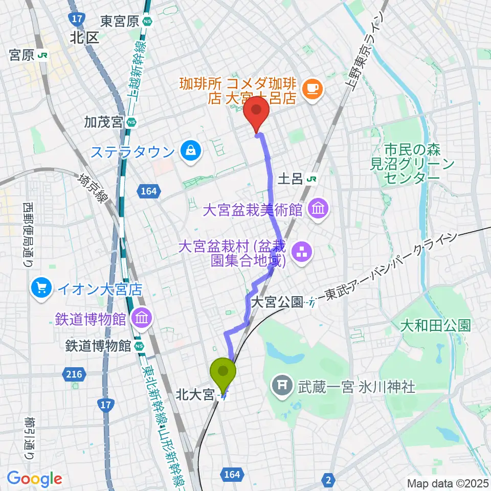 北大宮駅からイプシロン・ピアノクラブへのルートマップ地図