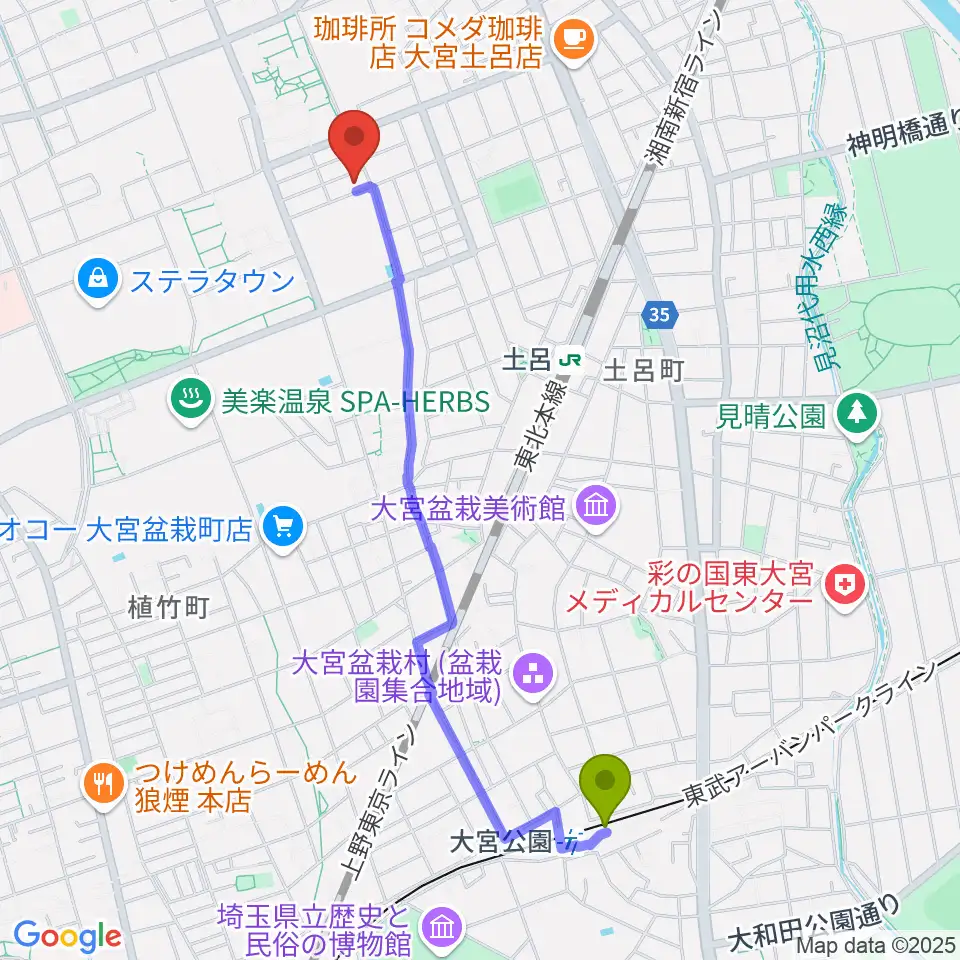 大宮公園駅からイプシロン・ピアノクラブへのルートマップ地図