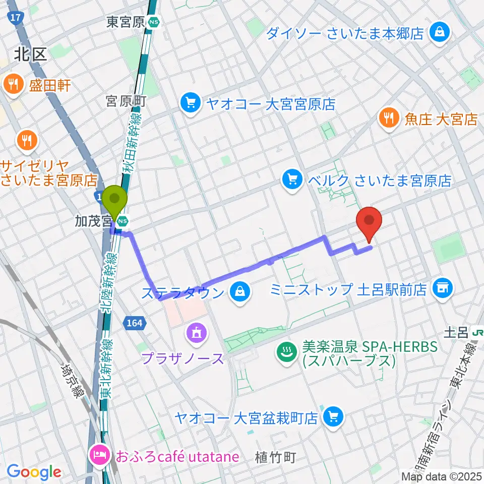 加茂宮駅からイプシロン・ピアノクラブへのルートマップ地図