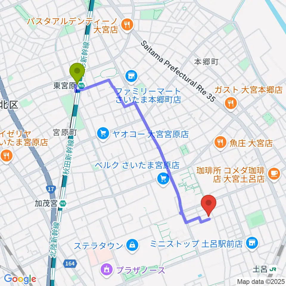 東宮原駅からイプシロン・ピアノクラブへのルートマップ地図