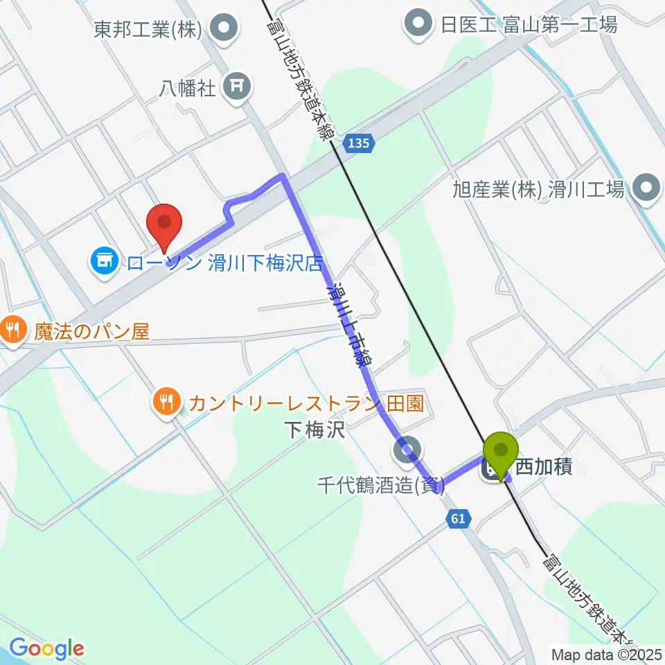 音楽教室ミュージック花音の最寄駅西加積駅からの徒歩ルート（約9分）地図