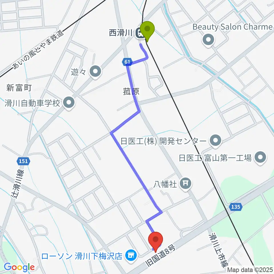 西滑川駅から音楽教室ミュージック花音へのルートマップ地図