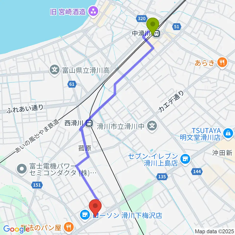 中滑川駅から音楽教室ミュージック花音へのルートマップ地図