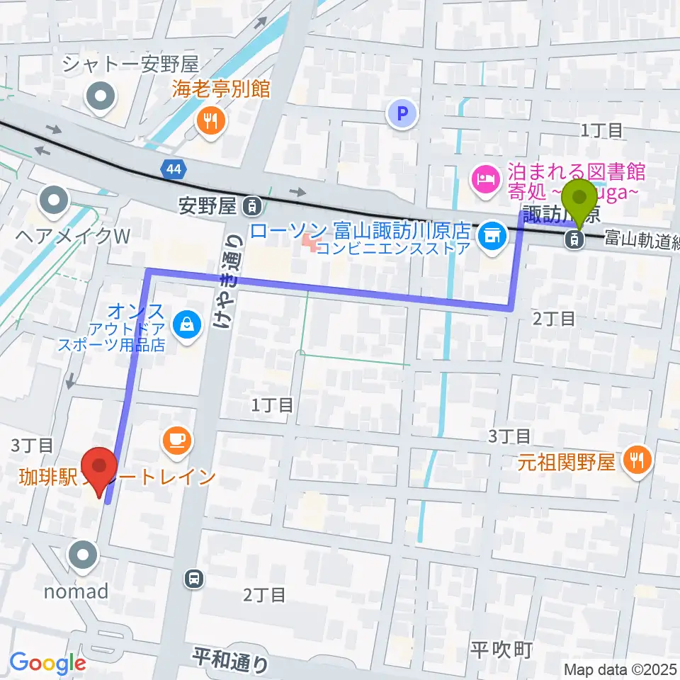 諏訪川原駅から学校法人富山音楽院へのルートマップ地図