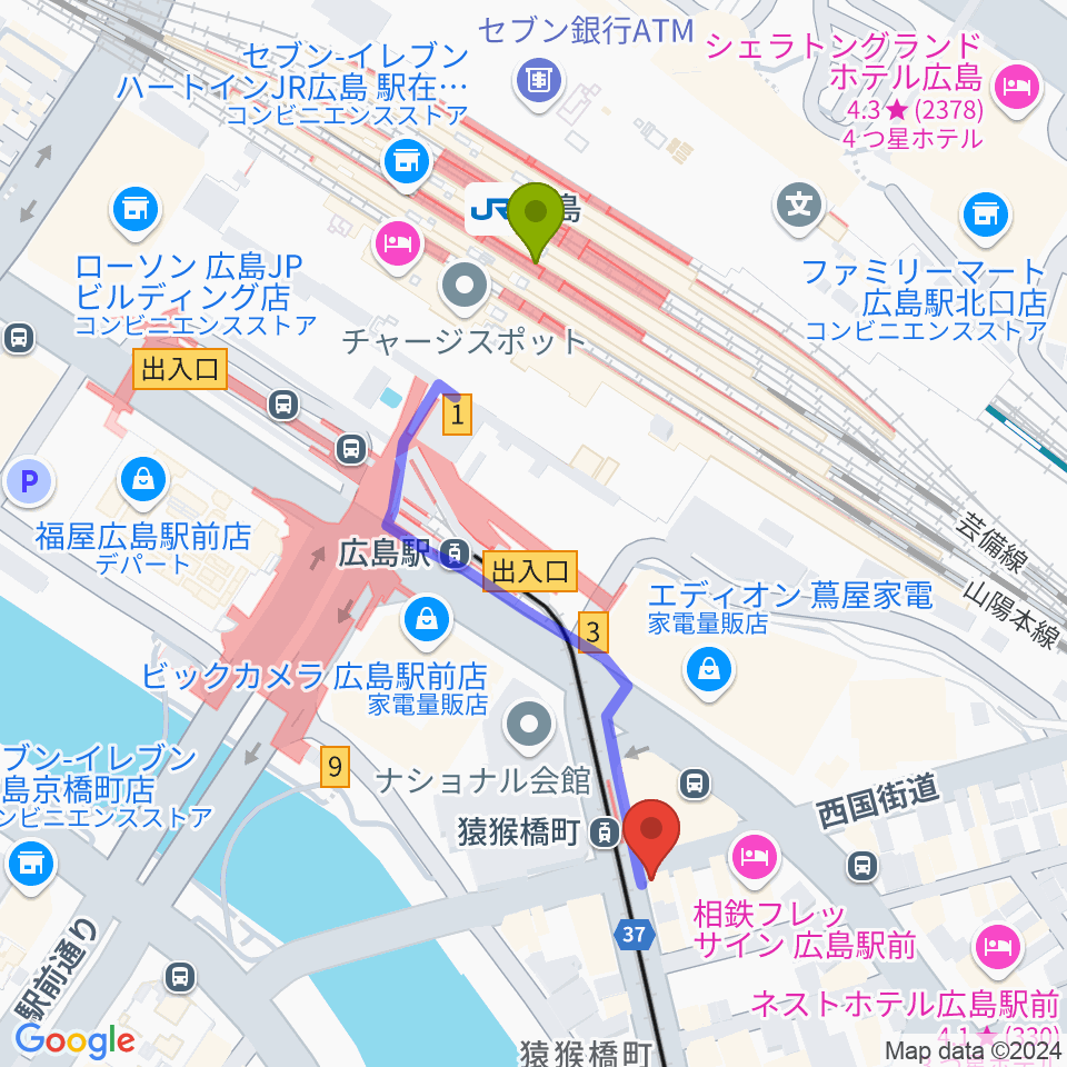 広島駅からショコラミュージックへのルートマップ地図