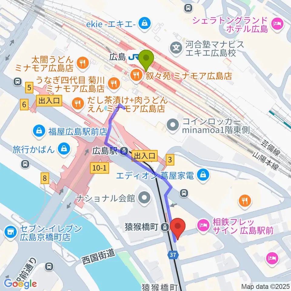 広島駅からショコラミュージックへのルートマップ地図