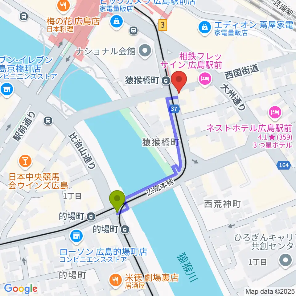 的場町駅からショコラミュージックへのルートマップ地図