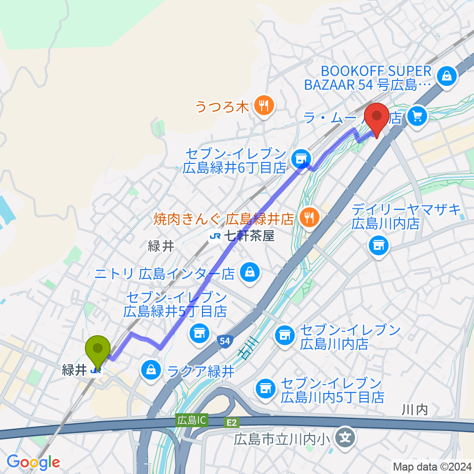 緑井駅からせせらぎミュージックへのルートマップ地図