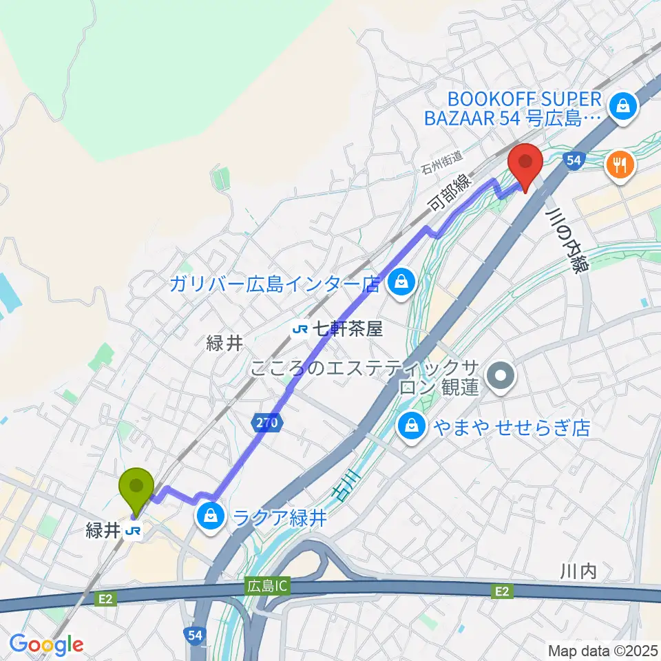 緑井駅からせせらぎミュージックへのルートマップ地図