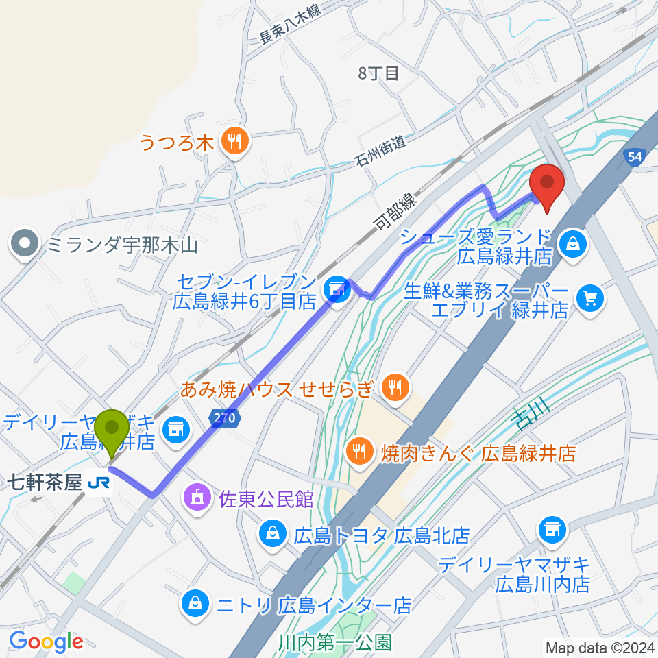 せせらぎミュージックの最寄駅七軒茶屋駅からの徒歩ルート（約12分）地図