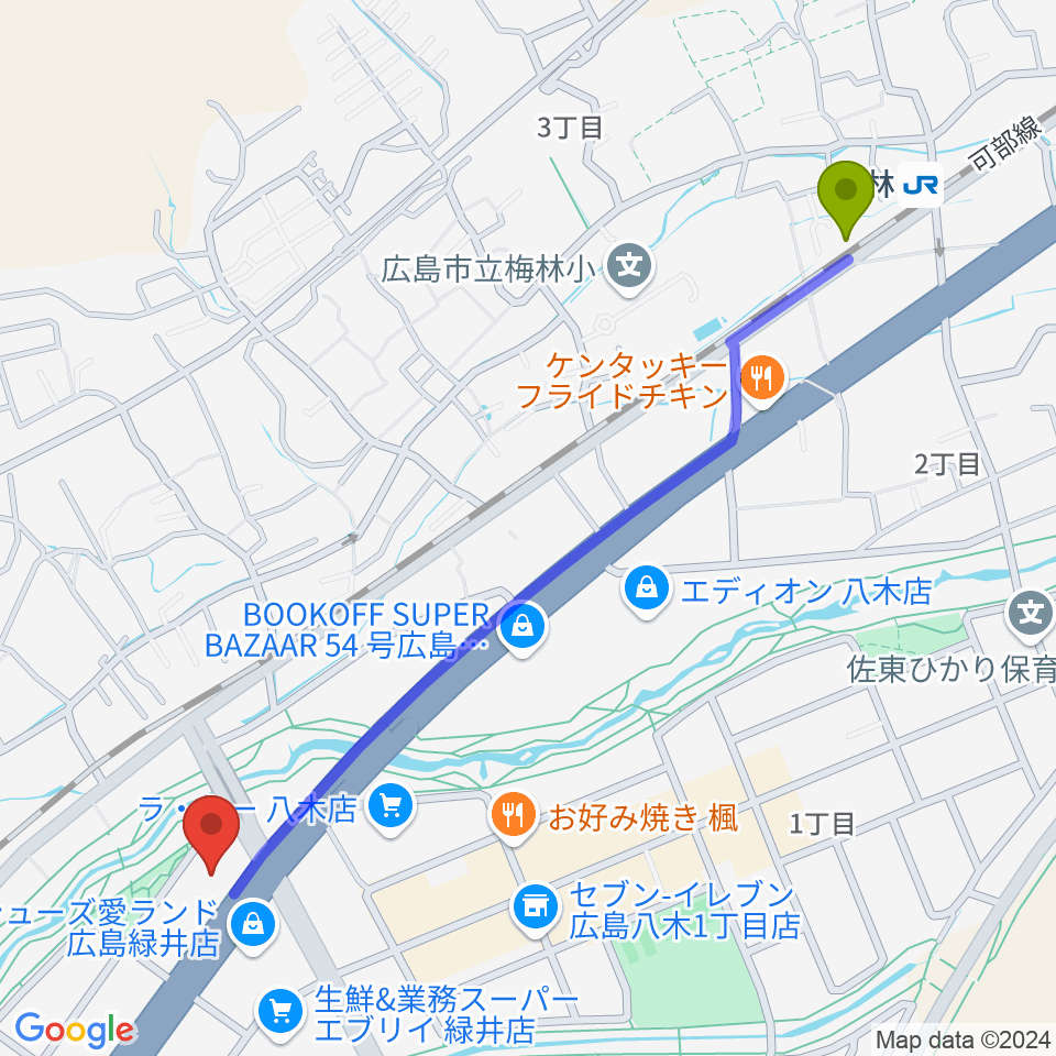 梅林駅からせせらぎミュージックへのルートマップ地図