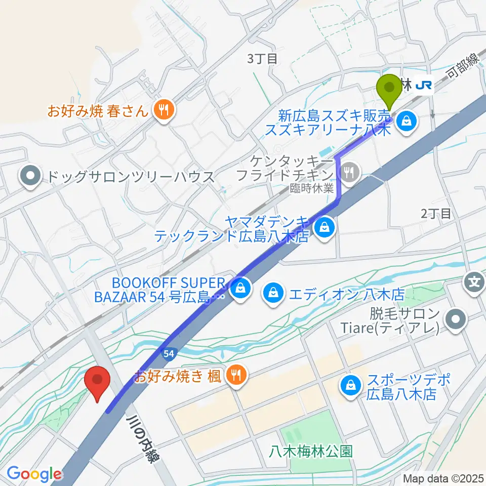 梅林駅からせせらぎミュージックへのルートマップ地図