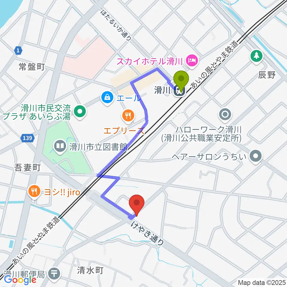 つぼみ会ピアノ教室の最寄駅滑川駅からの徒歩ルート（約7分）地図