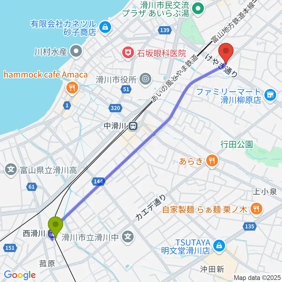 西滑川駅からつぼみ会ピアノ教室へのルートマップ地図