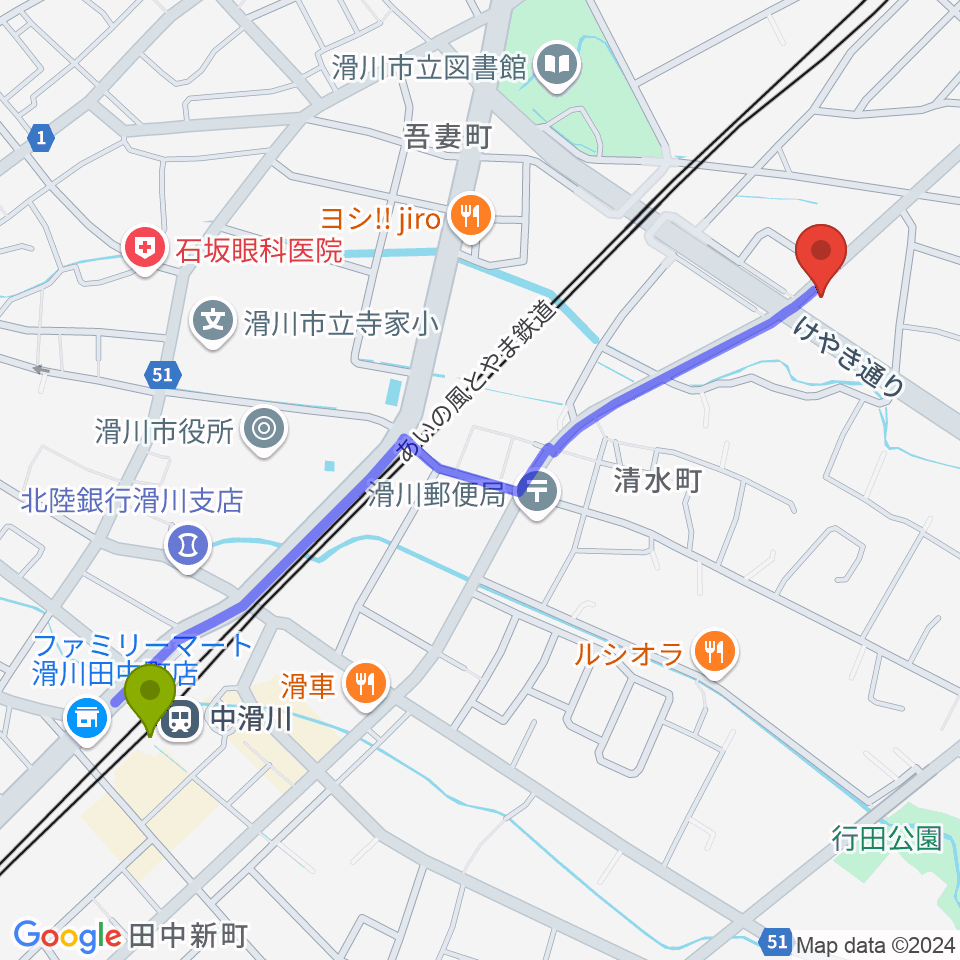 中滑川駅からつぼみ会ピアノ教室へのルートマップ地図