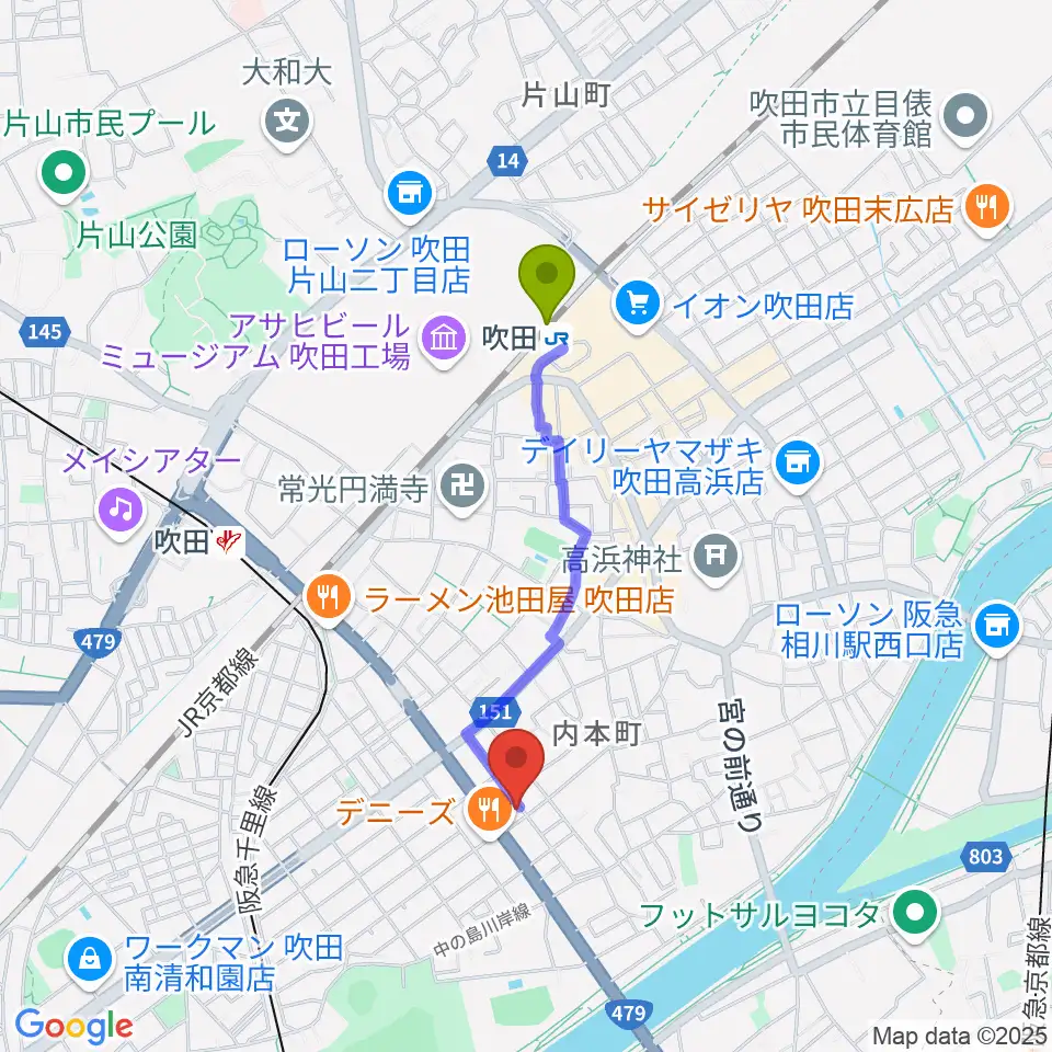 吹田駅からスタジオユーへのルートマップ地図