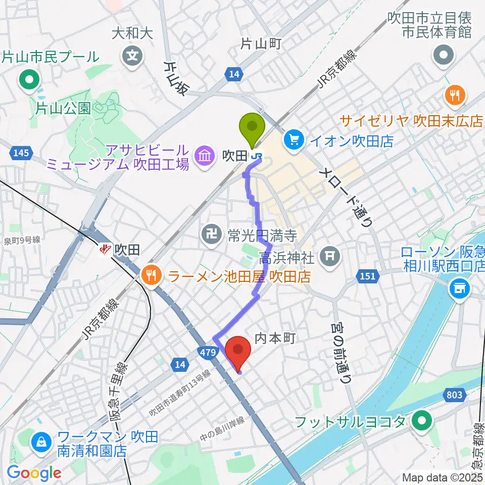 吹田駅からスタジオユーへのルートマップ地図