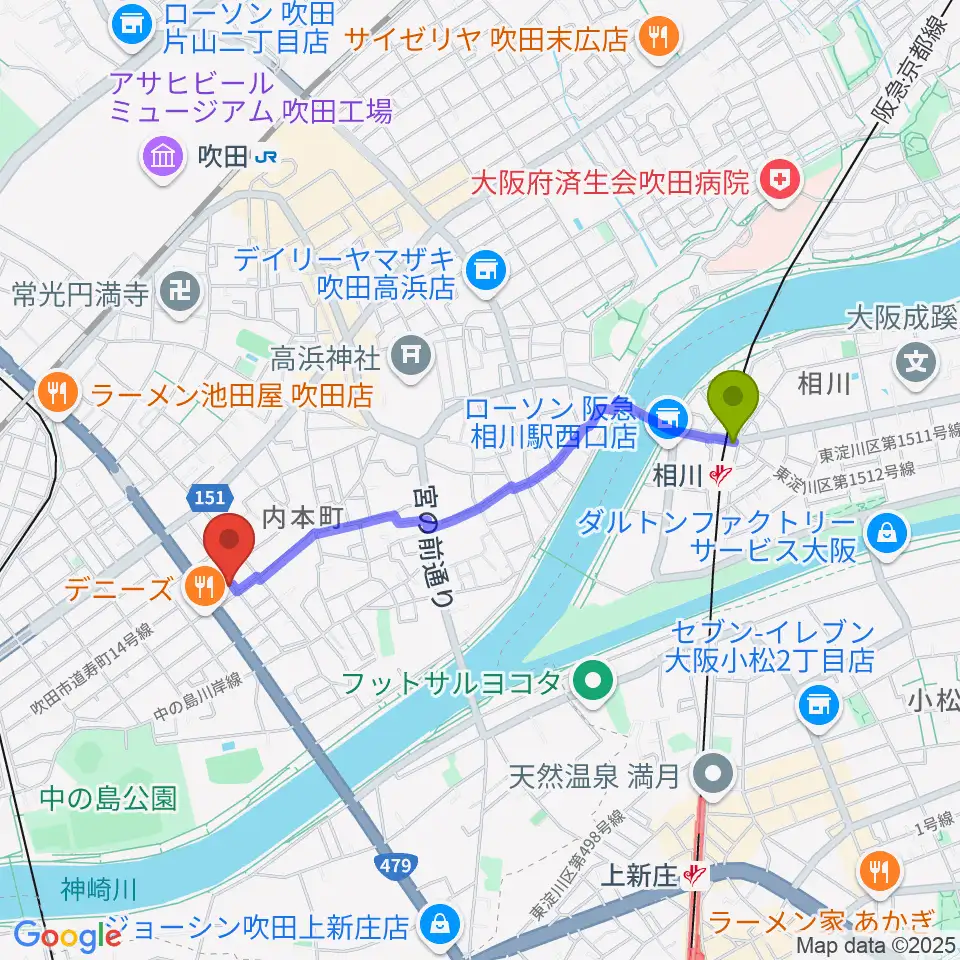 相川駅からスタジオユーへのルートマップ地図