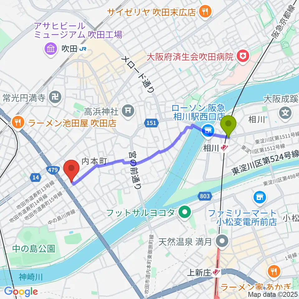 相川駅からスタジオユーへのルートマップ地図