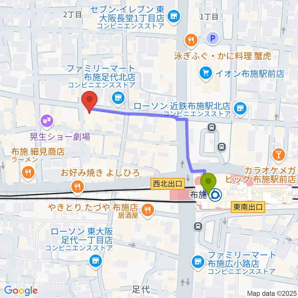 布施駅から布施アルススタジオへのルートマップ地図