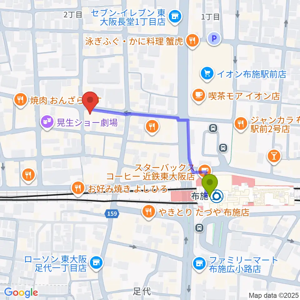 布施駅から布施アルススタジオへのルートマップ地図