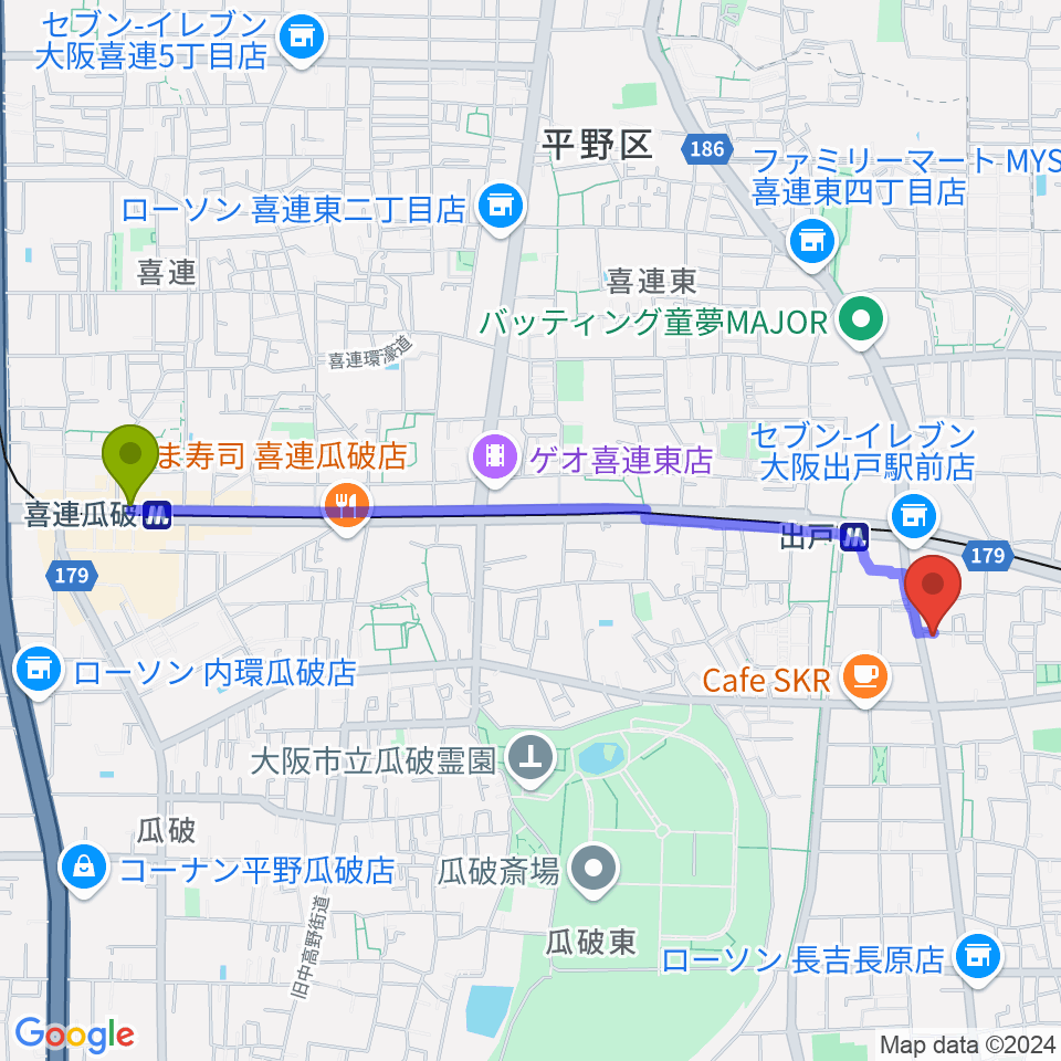 喜連瓜破駅からアビーミュージックスタジオ平野店へのルートマップ地図