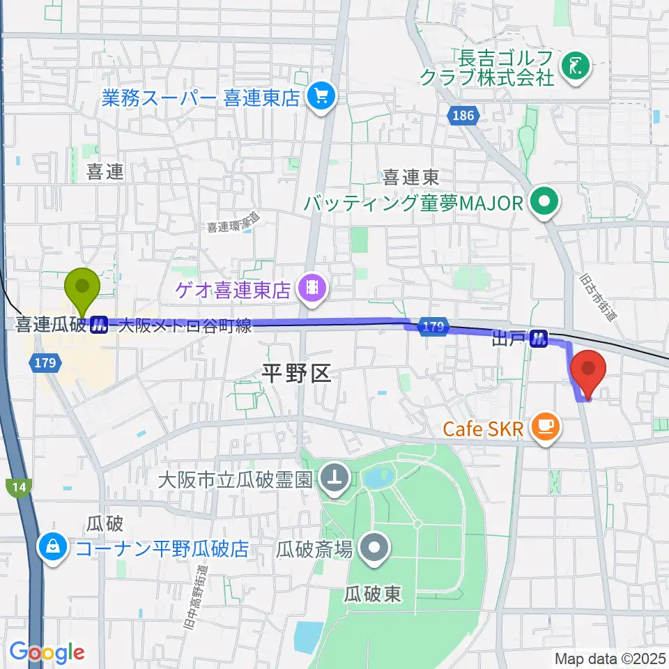 喜連瓜破駅からアビーミュージックスタジオ平野店へのルートマップ地図