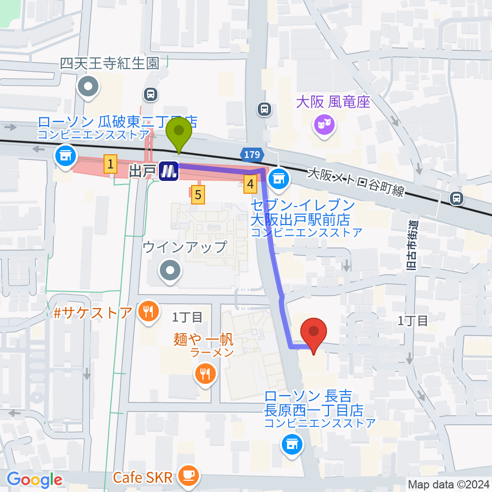 アビーミュージックスタジオ平野店の最寄駅出戸駅からの徒歩ルート（約4分）地図