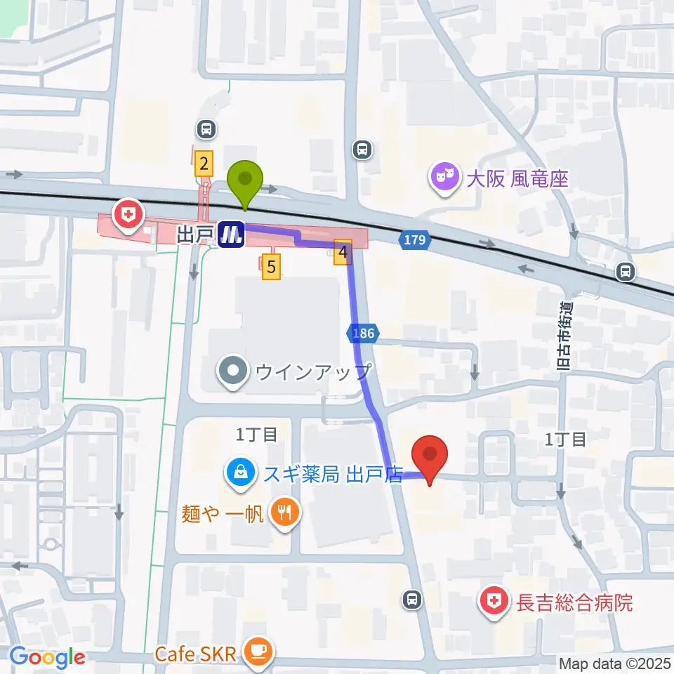 アビーミュージックスタジオ平野店の最寄駅出戸駅からの徒歩ルート（約4分）地図