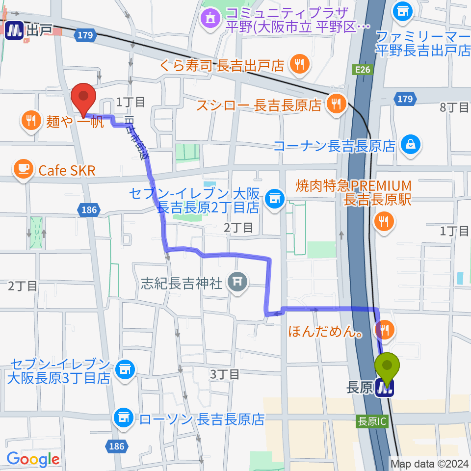 長原駅からアビーミュージックスタジオ平野店へのルートマップ地図