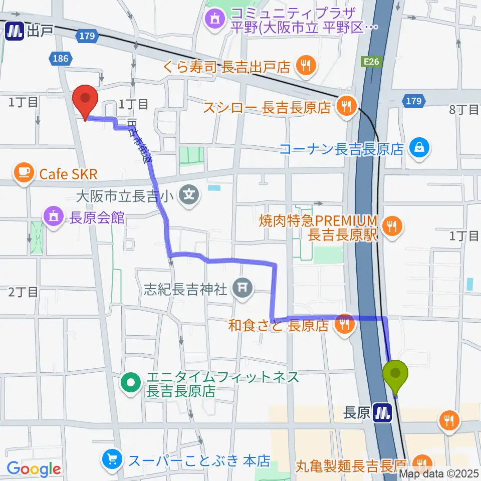 長原駅からアビーミュージックスタジオ平野店へのルートマップ地図