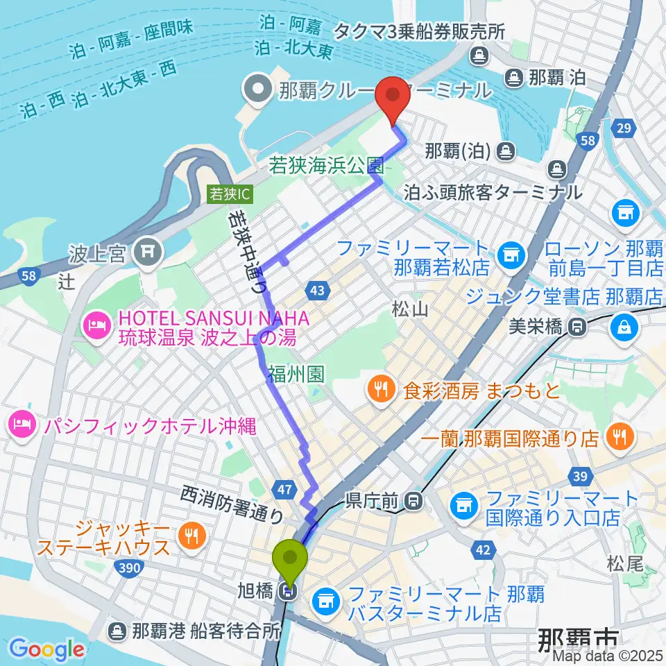 旭橋駅からソレイユ音楽教室へのルートマップ地図