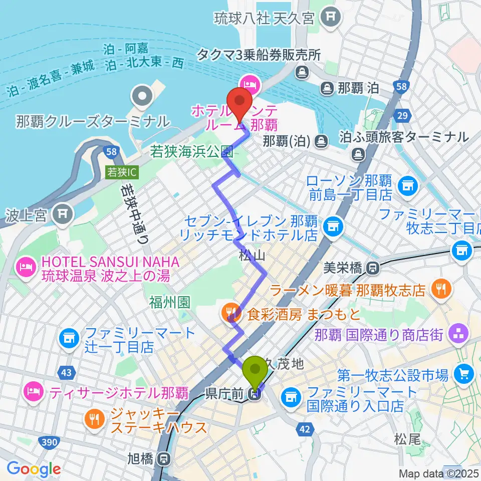 県庁前駅からソレイユ音楽教室へのルートマップ地図