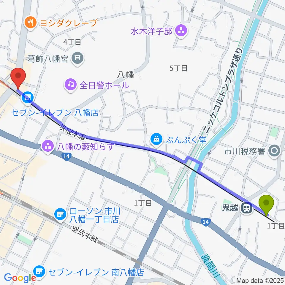 鬼越駅からＫＳＰ音楽教室へのルートマップ地図